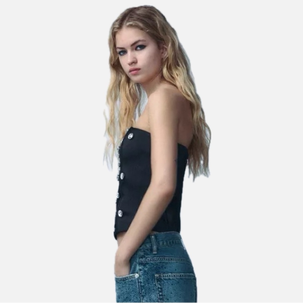 Zara Woman Black Strapless Bejeweled Rhinestone SATIN JEWEL CORSETRY top - Picture 4 of 9